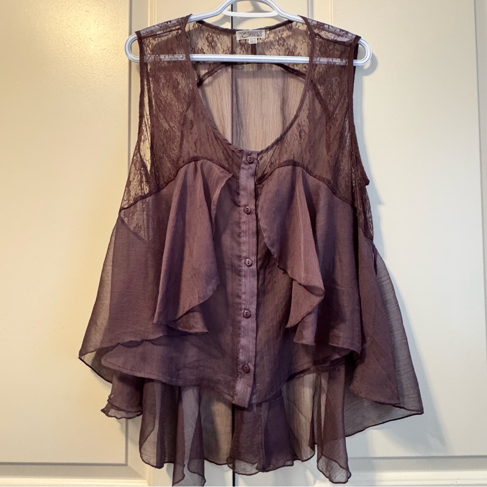 Cecico Sheer Plum Sleeveless Flowy Babydoll Blouse Lace Detail Ruffled Layers
